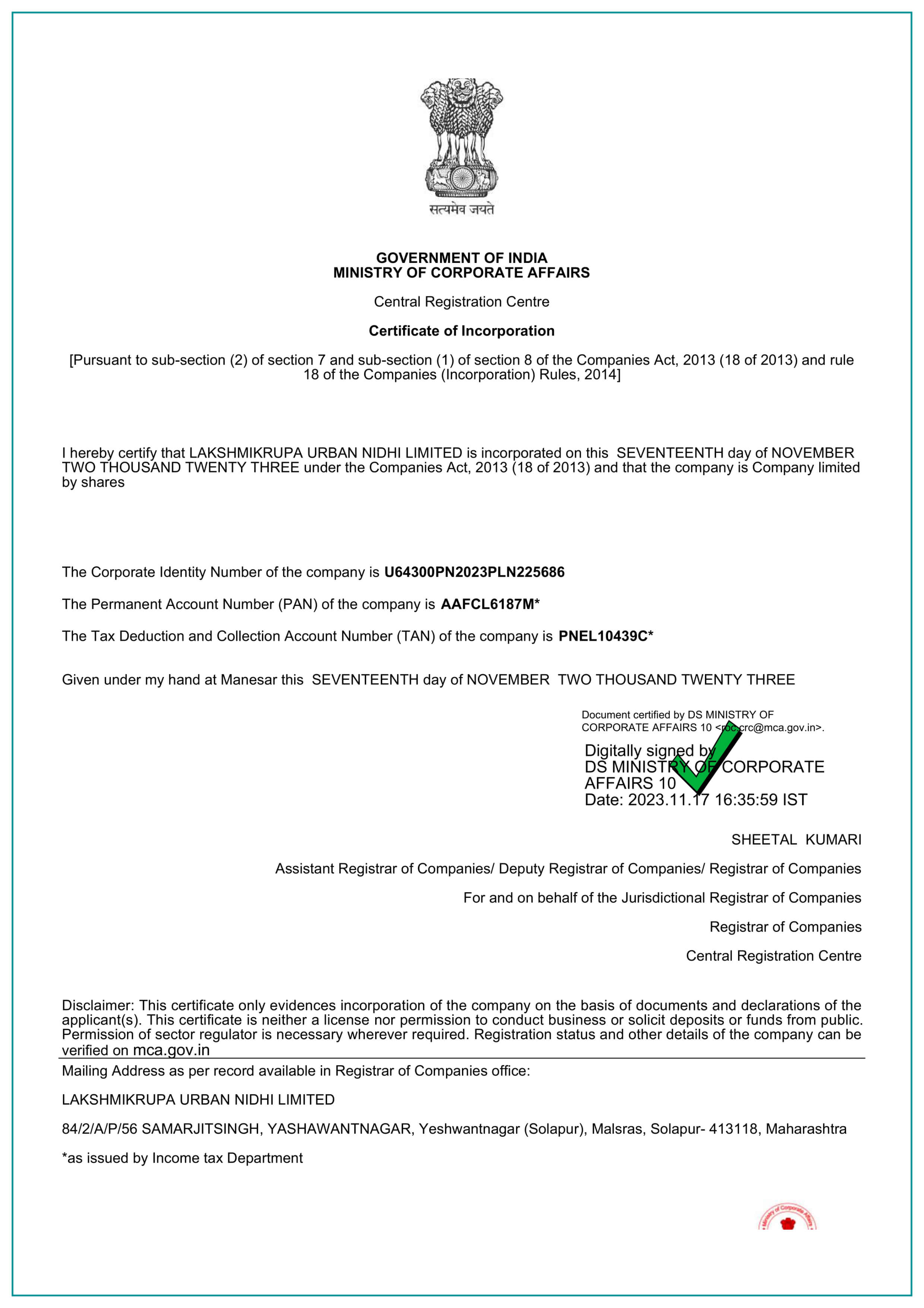 Certificate of Incorporation
